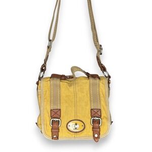 Fossil Yellow Canvas Crossbody Messenger Bag Leather Trim‎ Buckle Flap Organizer